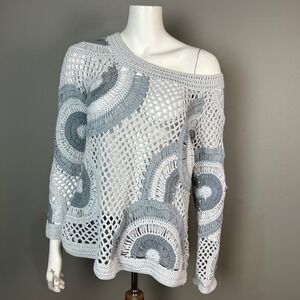 Crochet Net Sweater Large Cotton Sigrid Olsen Grey Swirl Open Knit Cottage